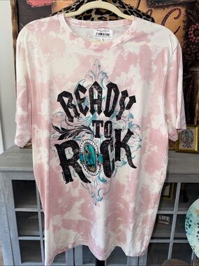 NWT ONE24 Women's Ready to Rock Graphic Tee - Rose Pink Tie-Dye